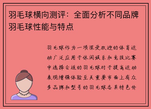 羽毛球横向测评：全面分析不同品牌羽毛球性能与特点